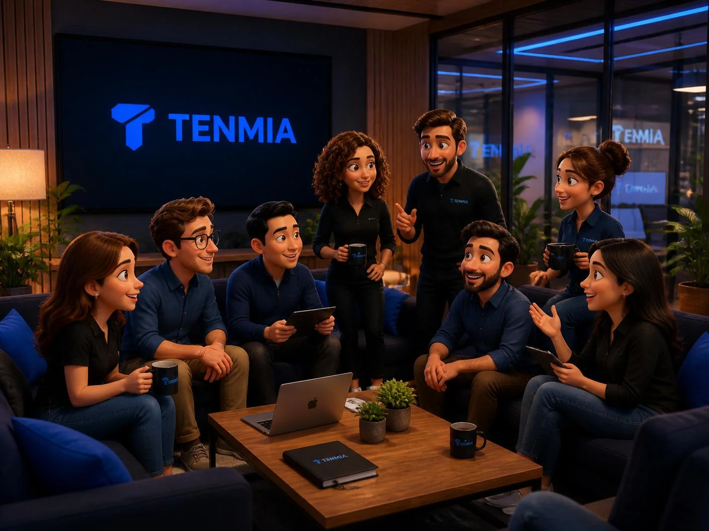 Tenmia-Team versammelt in einem Loungebereich um das Tenmia-Logo
